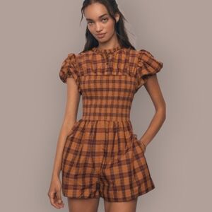 NWT MAEVE x ANTHRO Puff Sleeve Smocked Ruffle Neck Plaid Romper Shorts XL